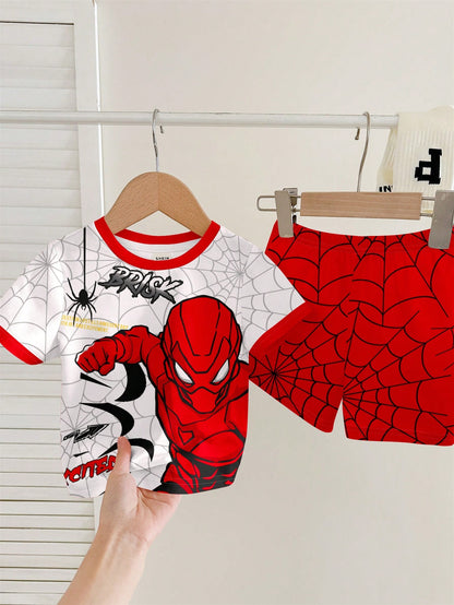 2pcs Baby Boy Summer Outfit,Cute Black And White Spider Hero Graphic Short Sleeve Tee & Shorts Set,Casual Beach Minimalist Round Neck Vintage Tops