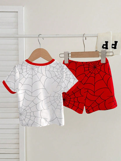 2pcs Baby Boy Summer Outfit,Cute Black And White Spider Hero Graphic Short Sleeve Tee & Shorts Set,Casual Beach Minimalist Round Neck Vintage Tops