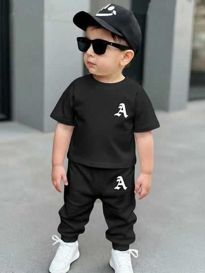 2pcs Baby Boys Casual Loose Comfortable Short Sleeve T-Shirt And Pants Set, Suitable For Spring And Summer