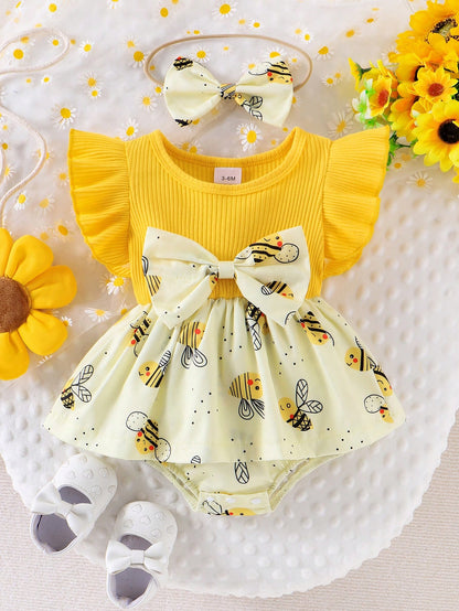 2pcs Baby Girl Casual Stripe Patch Bee Decorated Waist Cinched Waist Bodysuit Dress With Headband Set
