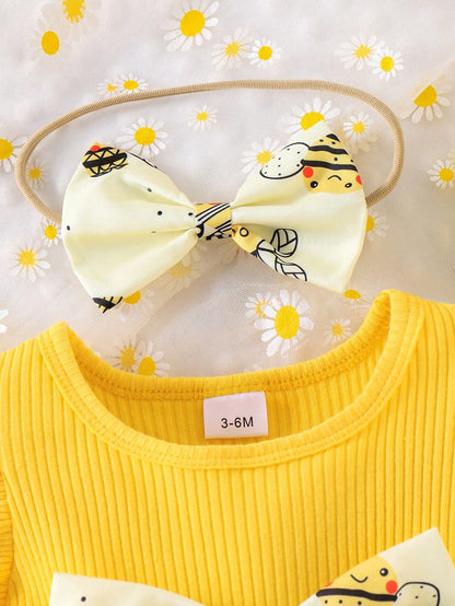 2pcs Baby Girl Casual Stripe Patch Bee Decorated Waist Cinched Waist Bodysuit Dress With Headband Set
