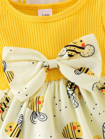 2pcs Baby Girl Casual Stripe Patch Bee Decorated Waist Cinched Waist Bodysuit Dress With Headband Set