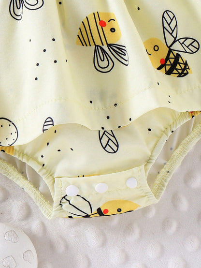 2pcs Baby Girl Casual Stripe Patch Bee Decorated Waist Cinched Waist Bodysuit Dress With Headband Set