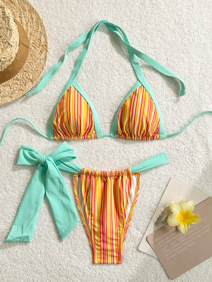 2pcs Bohemian Striped Casual Cute Elegant Sexy Ruffled/Ruffle Trim Bikini Swimwear, Suitable For Beach, Evening Date, Vacation, Birthday Party, Sports & Fitness, Spring/Summer