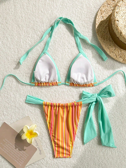 2pcs Bohemian Striped Casual Cute Elegant Sexy Ruffled/Ruffle Trim Bikini Swimwear, Suitable For Beach, Evening Date, Vacation, Birthday Party, Sports & Fitness, Spring/Summer