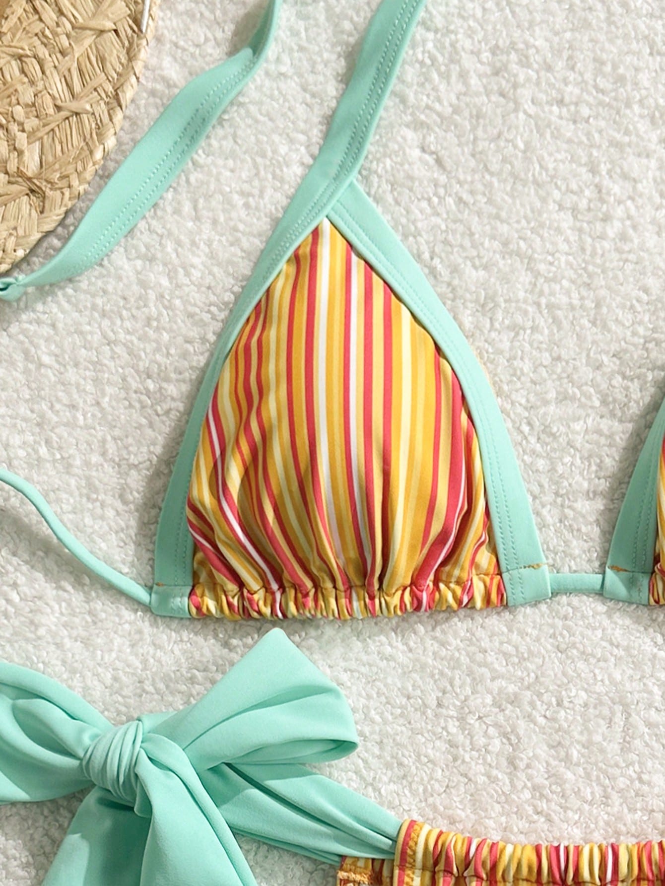 2pcs Bohemian Striped Casual Cute Elegant Sexy Ruffled/Ruffle Trim Bikini Swimwear, Suitable For Beach, Evening Date, Vacation, Birthday Party, Sports & Fitness, Spring/Summer