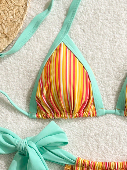 2pcs Bohemian Striped Casual Cute Elegant Sexy Ruffled/Ruffle Trim Bikini Swimwear, Suitable For Beach, Evening Date, Vacation, Birthday Party, Sports & Fitness, Spring/Summer