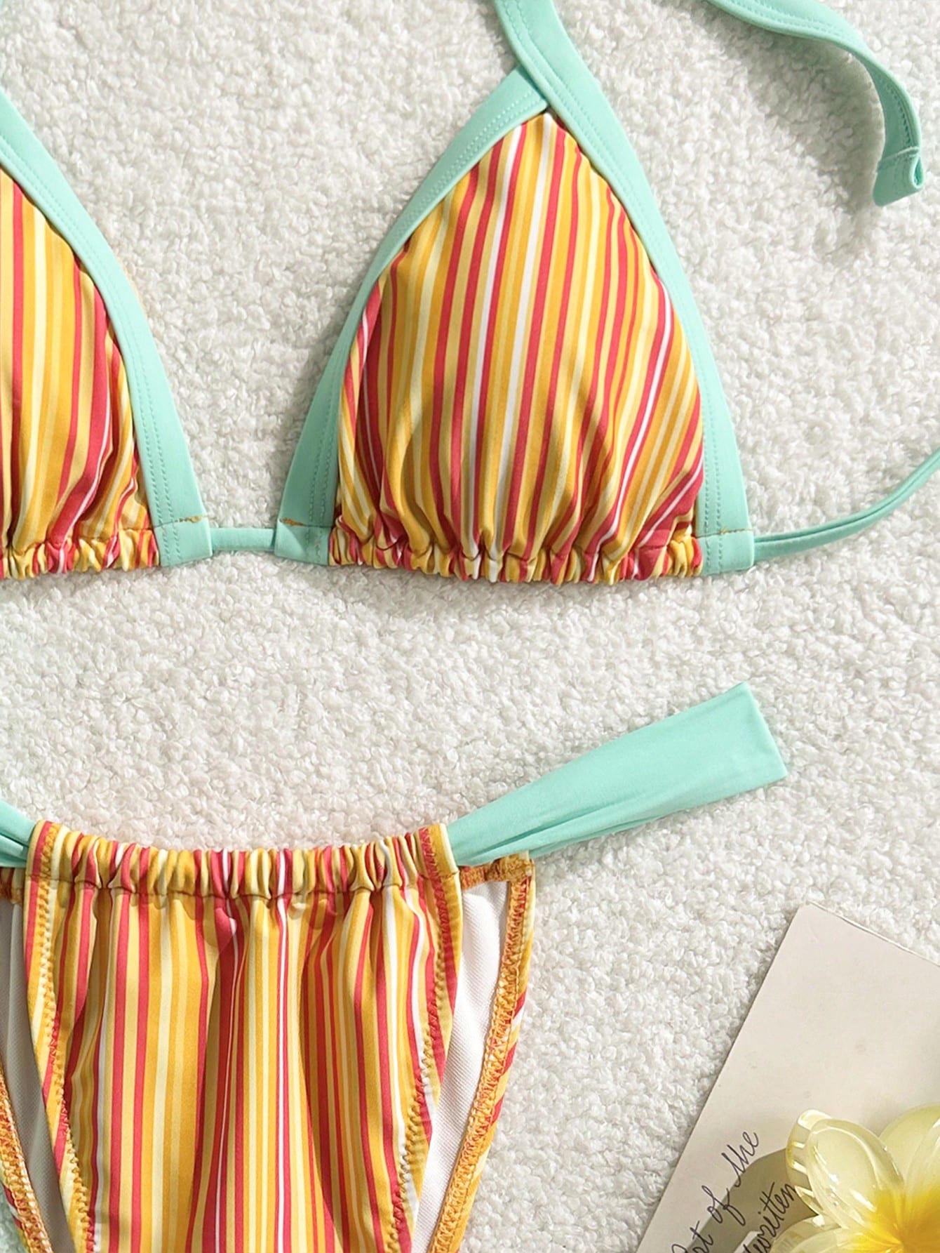 2pcs Bohemian Striped Casual Cute Elegant Sexy Ruffled/Ruffle Trim Bikini Swimwear, Suitable For Beach, Evening Date, Vacation, Birthday Party, Sports & Fitness, Spring/Summer