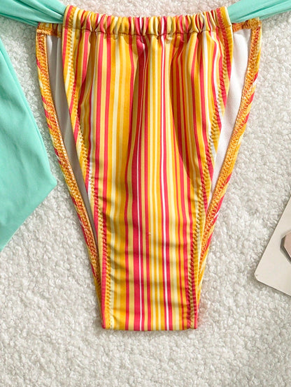 2pcs Bohemian Striped Casual Cute Elegant Sexy Ruffled/Ruffle Trim Bikini Swimwear, Suitable For Beach, Evening Date, Vacation, Birthday Party, Sports & Fitness, Spring/Summer