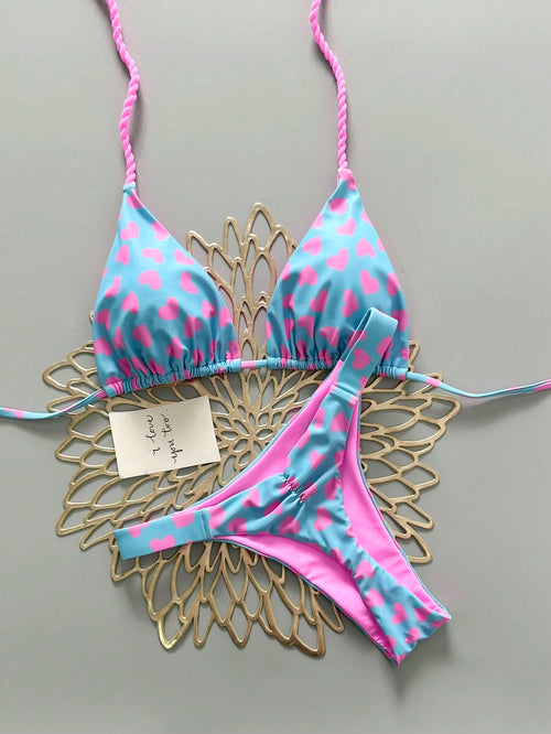 2pcs Casual Cute Elegant Sexy Bohemian Floral Tie-Up Braided Bikini Swimwear, Beach Vacation, Spring/Summer