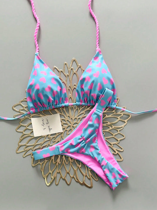 2pcs Casual Cute Elegant Sexy Bohemian Floral Tie-Up Braided Bikini Swimwear, Beach Vacation, Spring/Summer