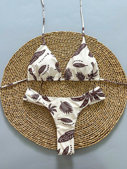2pcs Casual Cute Elegant Sexy Bohemian Floral Tie-Up Braided Bikini Swimwear, Beach Vacation, Spring/Summer