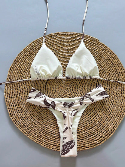 2pcs Casual Cute Elegant Sexy Bohemian Floral Tie-Up Braided Bikini Swimwear, Beach Vacation, Spring/Summer