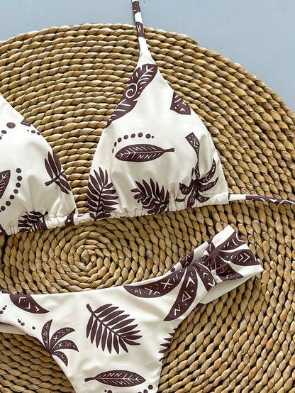 2pcs Casual Cute Elegant Sexy Bohemian Floral Tie-Up Braided Bikini Swimwear, Beach Vacation, Spring/Summer