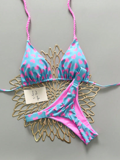 2pcs Casual Cute Elegant Sexy Bohemian Floral Tie-Up Braided Bikini Swimwear, Beach Vacation, Spring/Summer