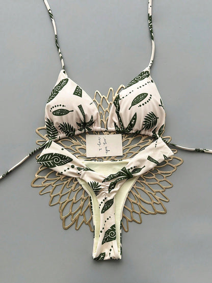 2pcs Casual Cute Elegant Sexy Bohemian Floral Tie-Up Braided Bikini Swimwear, Beach Vacation, Spring/Summer