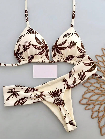 2pcs Casual Cute Elegant Sexy Bohemian Floral Tie-Up Braided Bikini Swimwear, Beach Vacation, Spring/Summer