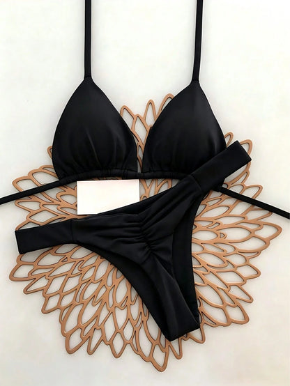 2pcs Casual Elegant Sexy Bohemian Floral Print Tie-Up Braided Bikini Swimwear, Suitable For Beach & Holiday, Spring/Summer Vacation Black, Aesthetic
