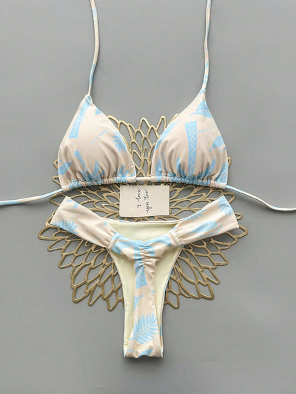 2pcs Casual Elegant Sexy Bohemian Floral Print Tie-Up Braided Bikini Swimwear, Suitable For Beach Vacation In Spring/Summer