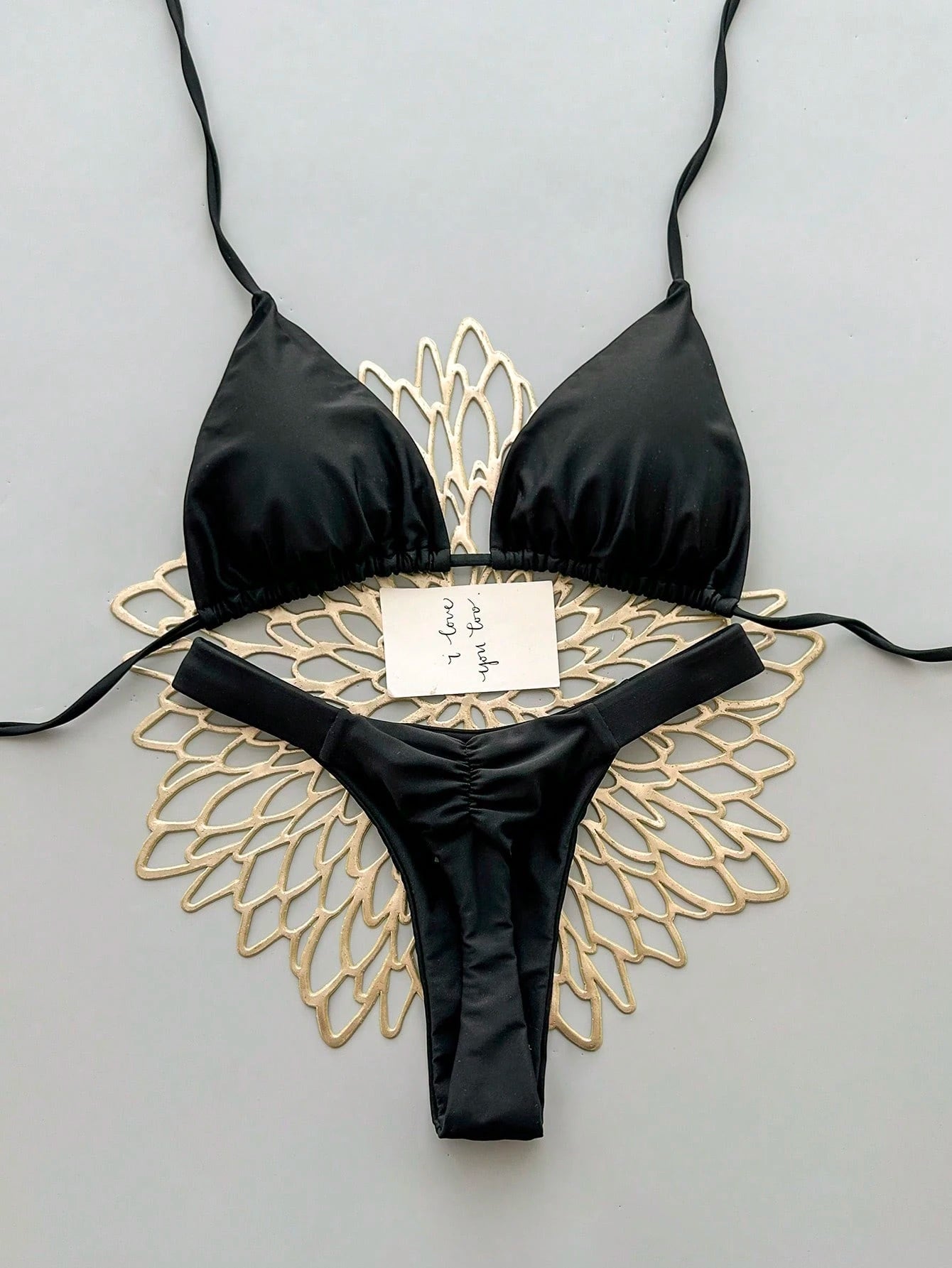 2pcs Casual Elegant Sexy Bohemian Floral Print Tie-Up Braided Bikini Swimwear, Suitable For Beach & Holiday, Spring/Summer Vacation Black, Aesthetic