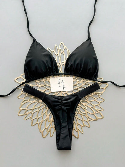 2pcs Casual Elegant Sexy Bohemian Floral Print Tie-Up Braided Bikini Swimwear, Suitable For Beach & Holiday, Spring/Summer Vacation Black, Aesthetic