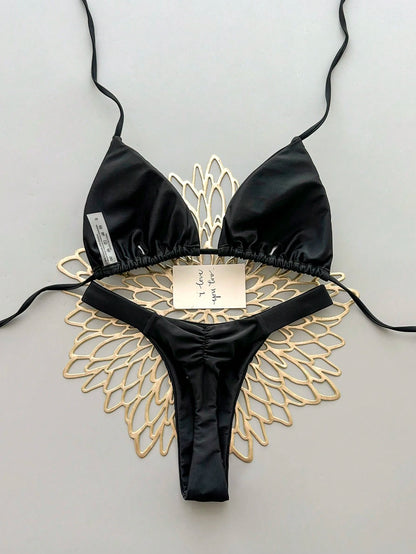 2pcs Casual Elegant Sexy Bohemian Floral Print Tie-Up Braided Bikini Swimwear, Suitable For Beach & Holiday, Spring/Summer Vacation Black, Aesthetic
