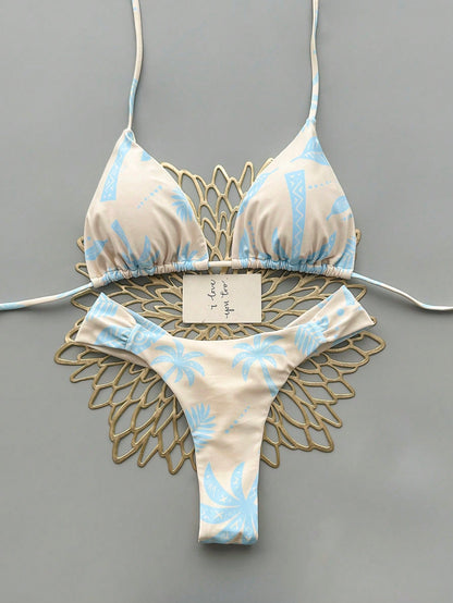 2pcs Casual Elegant Sexy Bohemian Floral Print Tie-Up Braided Bikini Swimwear, Suitable For Beach Vacation In Spring/Summer