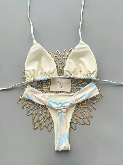 2pcs Casual Elegant Sexy Bohemian Floral Print Tie-Up Braided Bikini Swimwear, Suitable For Beach Vacation In Spring/Summer