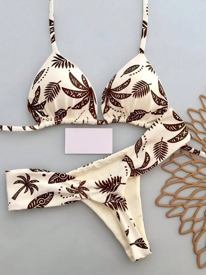 2pcs Casual Elegant Sexy Bohemian Floral Print Tie-Up Braided Bikini Swimwear, Suitable For Beach Vacation In Spring/Summer