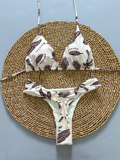 2pcs Casual Elegant Sexy Bohemian Floral Print Tie-Up Braided Bikini Swimwear, Suitable For Beach Vacation In Spring/Summer