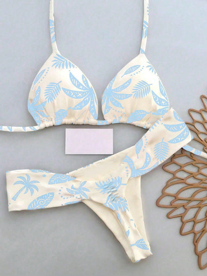2pcs Casual Elegant Sexy Bohemian Floral Print Tie-Up Braided Bikini Swimwear, Suitable For Beach Vacation In Spring/Summer
