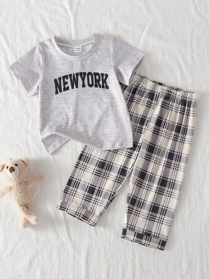 2pcs Cute Baby Boys Pajamas Set Summer Graphic Family Matching Soft Knit Light Grey Beige Brown Blue And White Striped Short Sleeve Top Plaid Pants