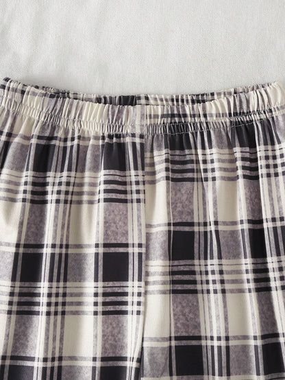 2pcs Cute Baby Boys Pajamas Set Summer Graphic Family Matching Soft Knit Light Grey Beige Brown Blue And White Striped Short Sleeve Top Plaid Pants