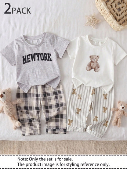 2pcs Cute Baby Boys Pajamas Set Summer Graphic Family Matching Soft Knit Light Grey Beige Brown Blue And White Striped Short Sleeve Top Plaid Pants
