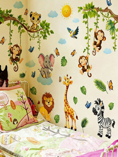 2pcs Forest Animal & Green Plant Wall Stickers, Cute Teddy Bear Branch Wall Decals, Teddy Bear Butterfly Swing Home Decor Wall Stickers, Suitable For Nursery, Bedroom, Living Room, Vibrant Colors, Bea