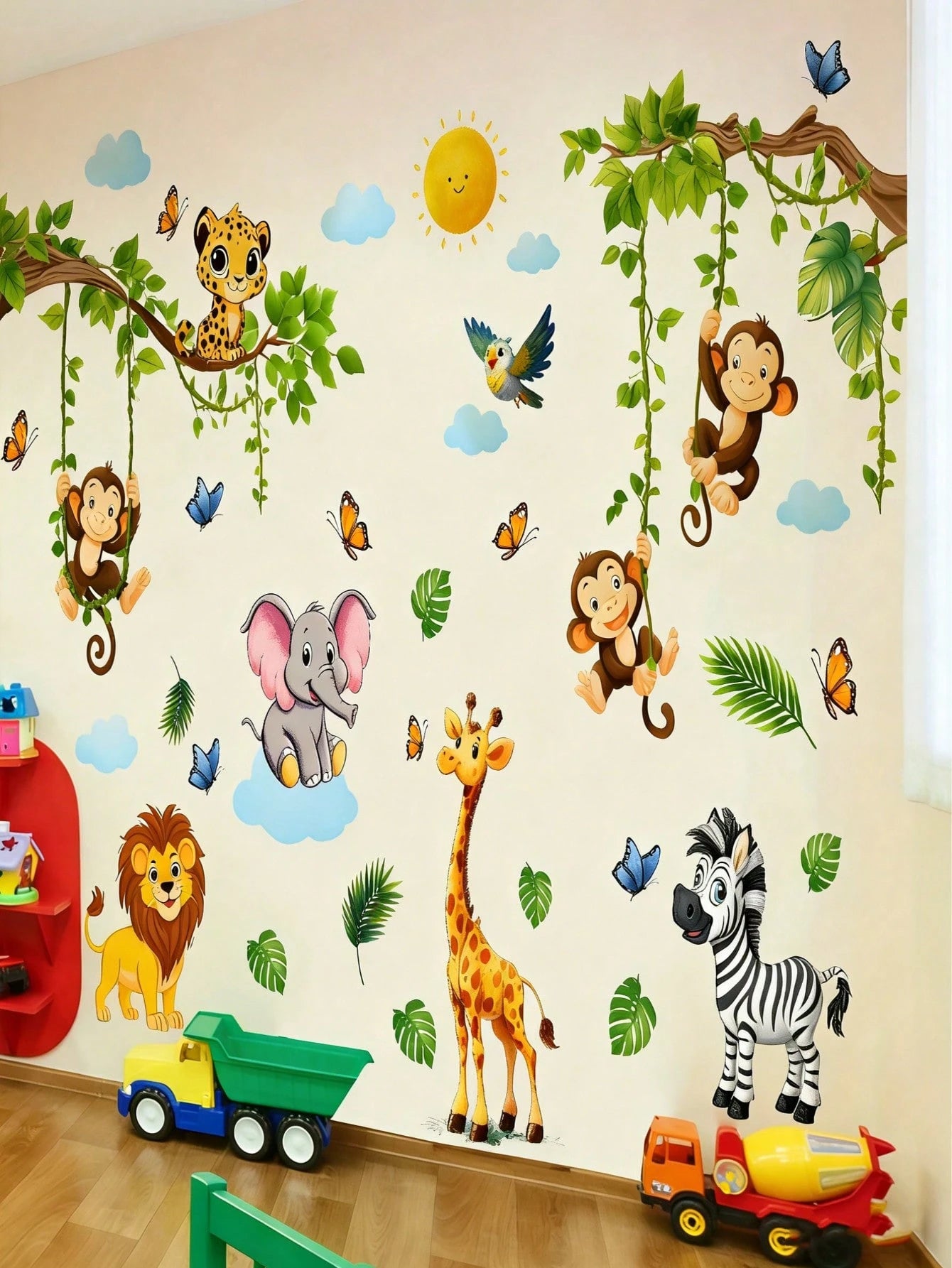 2pcs Forest Animal & Green Plant Wall Stickers, Cute Teddy Bear Branch Wall Decals, Teddy Bear Butterfly Swing Home Decor Wall Stickers, Suitable For Nursery, Bedroom, Living Room, Vibrant Colors, Bea