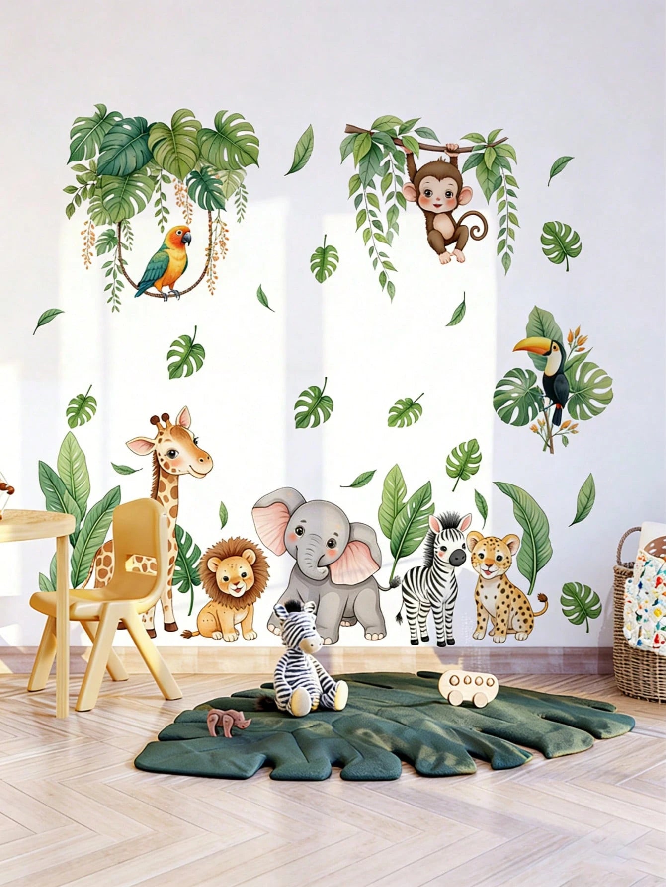 2pcs Forest Animal & Green Plant Wall Stickers, Cute Teddy Bear Branch Wall Decals, Teddy Bear Butterfly Swing Home Decor Wall Stickers, Suitable For Nursery, Bedroom, Living Room, Vibrant Colors, Bea