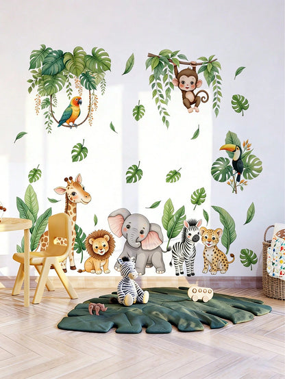 2pcs Forest Animal & Green Plant Wall Stickers, Cute Teddy Bear Branch Wall Decals, Teddy Bear Butterfly Swing Home Decor Wall Stickers, Suitable For Nursery, Bedroom, Living Room, Vibrant Colors, Bea