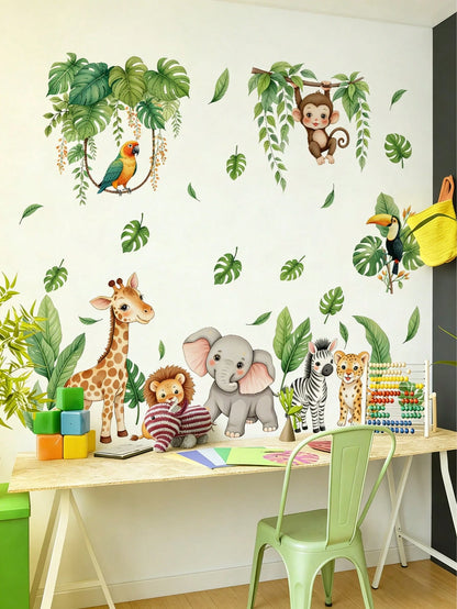 2pcs Forest Animal & Green Plant Wall Stickers, Cute Teddy Bear Branch Wall Decals, Teddy Bear Butterfly Swing Home Decor Wall Stickers, Suitable For Nursery, Bedroom, Living Room, Vibrant Colors, Bea