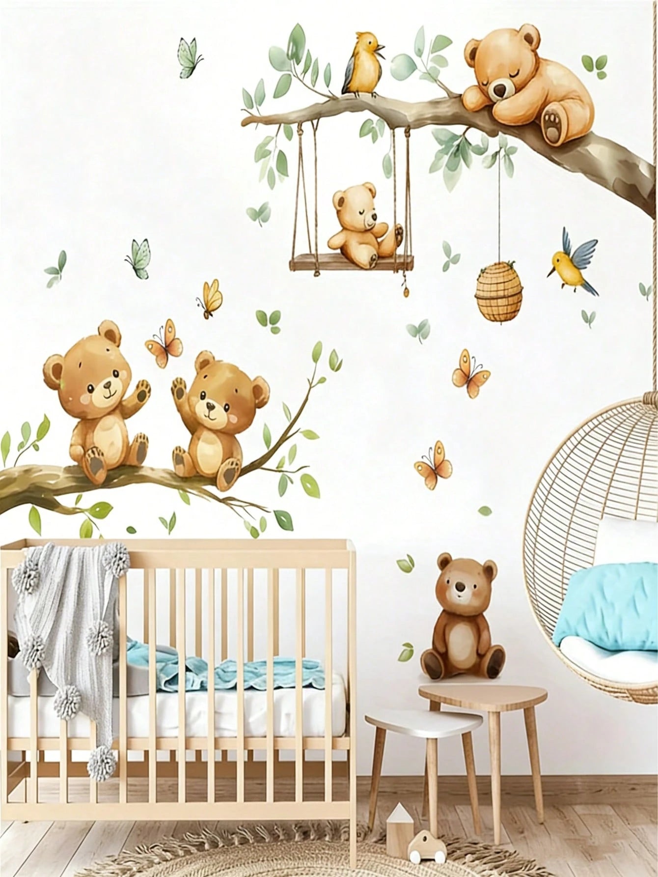 2pcs Forest Animal & Green Plant Wall Stickers, Cute Teddy Bear Branch Wall Decals, Teddy Bear Butterfly Swing Home Decor Wall Stickers, Suitable For Nursery, Bedroom, Living Room, Vibrant Colors, Bea
