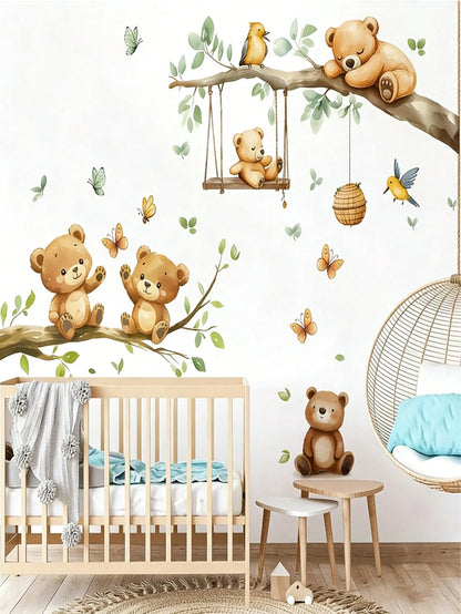 2pcs Forest Animal & Green Plant Wall Stickers, Cute Teddy Bear Branch Wall Decals, Teddy Bear Butterfly Swing Home Decor Wall Stickers, Suitable For Nursery, Bedroom, Living Room, Vibrant Colors, Bea