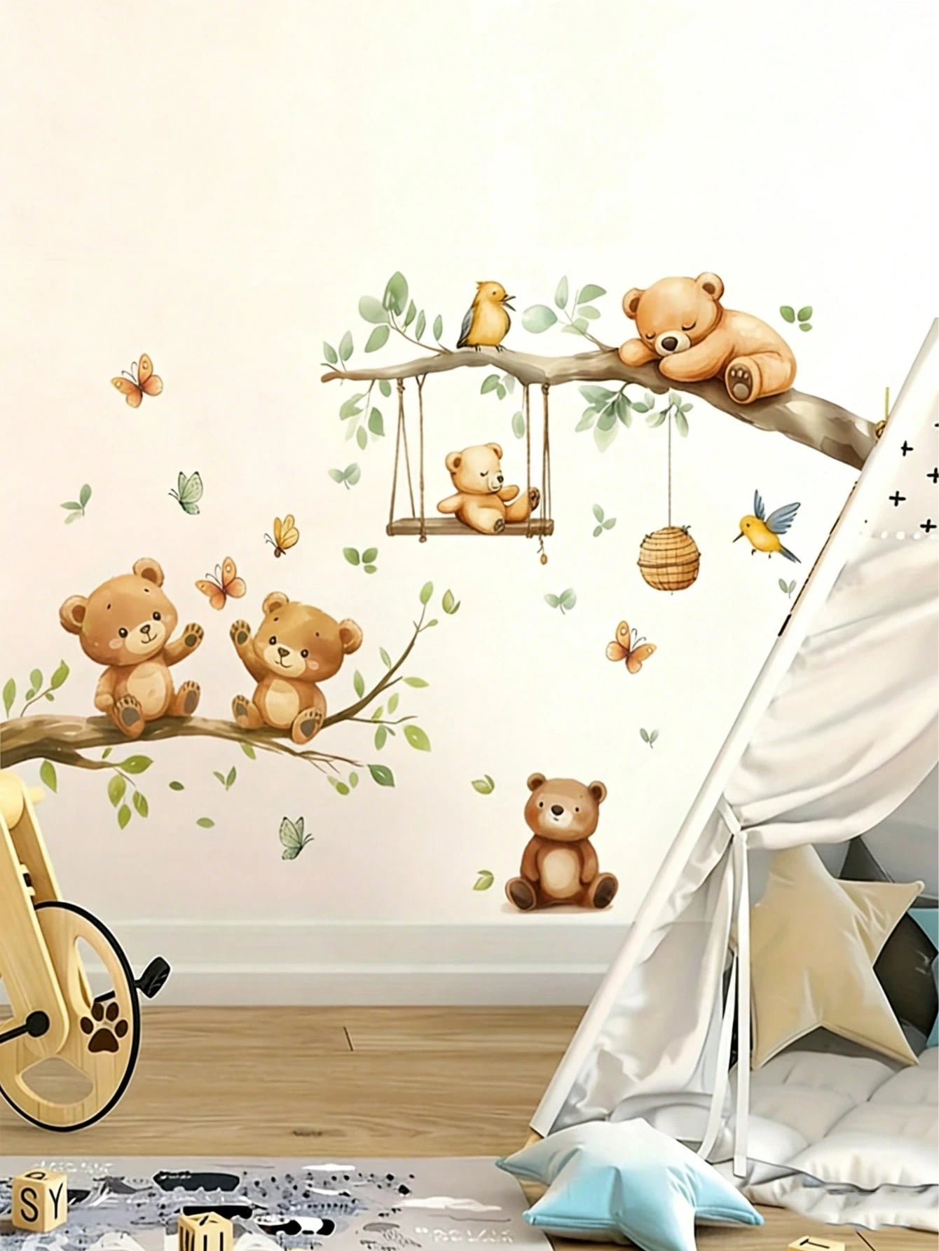 2pcs Forest Animal & Green Plant Wall Stickers, Cute Teddy Bear Branch Wall Decals, Teddy Bear Butterfly Swing Home Decor Wall Stickers, Suitable For Nursery, Bedroom, Living Room, Vibrant Colors, Bea