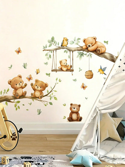 2pcs Forest Animal & Green Plant Wall Stickers, Cute Teddy Bear Branch Wall Decals, Teddy Bear Butterfly Swing Home Decor Wall Stickers, Suitable For Nursery, Bedroom, Living Room, Vibrant Colors, Bea