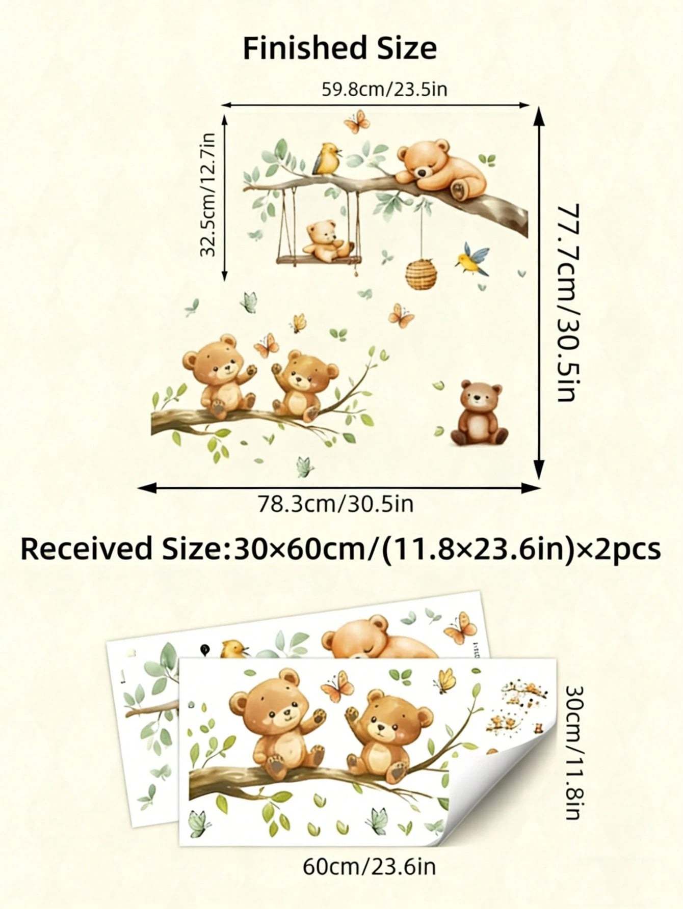 2pcs Forest Animal & Green Plant Wall Stickers, Cute Teddy Bear Branch Wall Decals, Teddy Bear Butterfly Swing Home Decor Wall Stickers, Suitable For Nursery, Bedroom, Living Room, Vibrant Colors, Bea