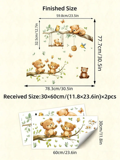2pcs Forest Animal & Green Plant Wall Stickers, Cute Teddy Bear Branch Wall Decals, Teddy Bear Butterfly Swing Home Decor Wall Stickers, Suitable For Nursery, Bedroom, Living Room, Vibrant Colors, Bea