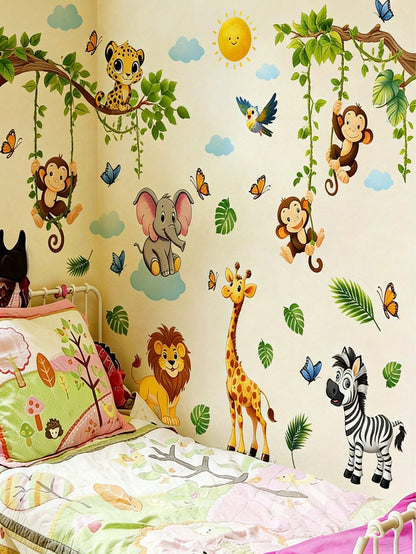 2pcs Forest Animal & Green Plant Wall Stickers, Cute Teddy Bear Branch Wall Decals, Teddy Bear Butterfly Swing Home Decor Wall Stickers, Suitable For Nursery, Bedroom, Living Room, Vibrant Colors, Bea