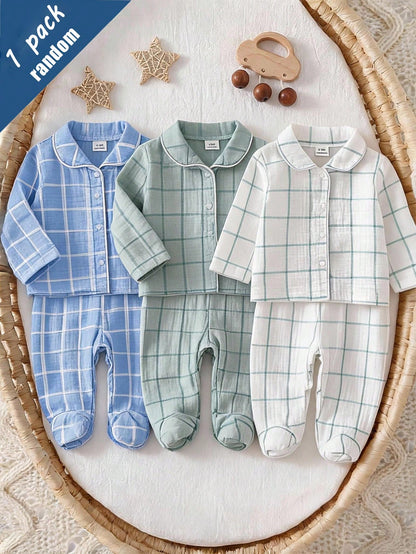 2pcs Newborn Woven Double-Layer Crinkle Fabric Long Sleeve Footed Pants, Autumn Comfortable Soft All-Season Versatile Fashion, Best Gift For Newborns