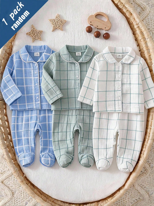 2pcs Newborn Woven Double-Layer Crinkle Fabric Long Sleeve Footed Pants, Autumn Comfortable Soft All-Season Versatile Fashion, Best Gift For Newborns