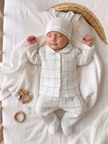 2pcs Newborn Woven Double-Layer Crinkle Fabric Long Sleeve Footed Pants, Autumn Comfortable Soft All-Season Versatile Fashion, Best Gift For Newborns