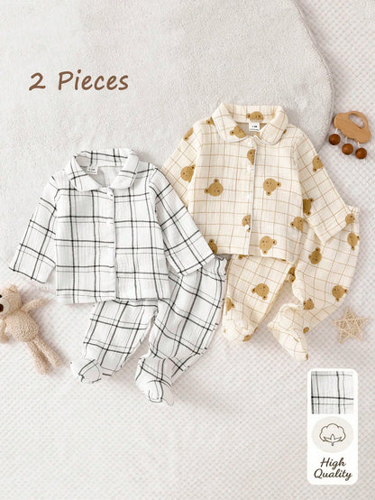 2pcs Newborn Woven Double-Layer Crinkle Fabric Long Sleeve Footed Pants, Autumn Comfortable Soft All-Season Versatile Fashion, Best Gift For Newborns